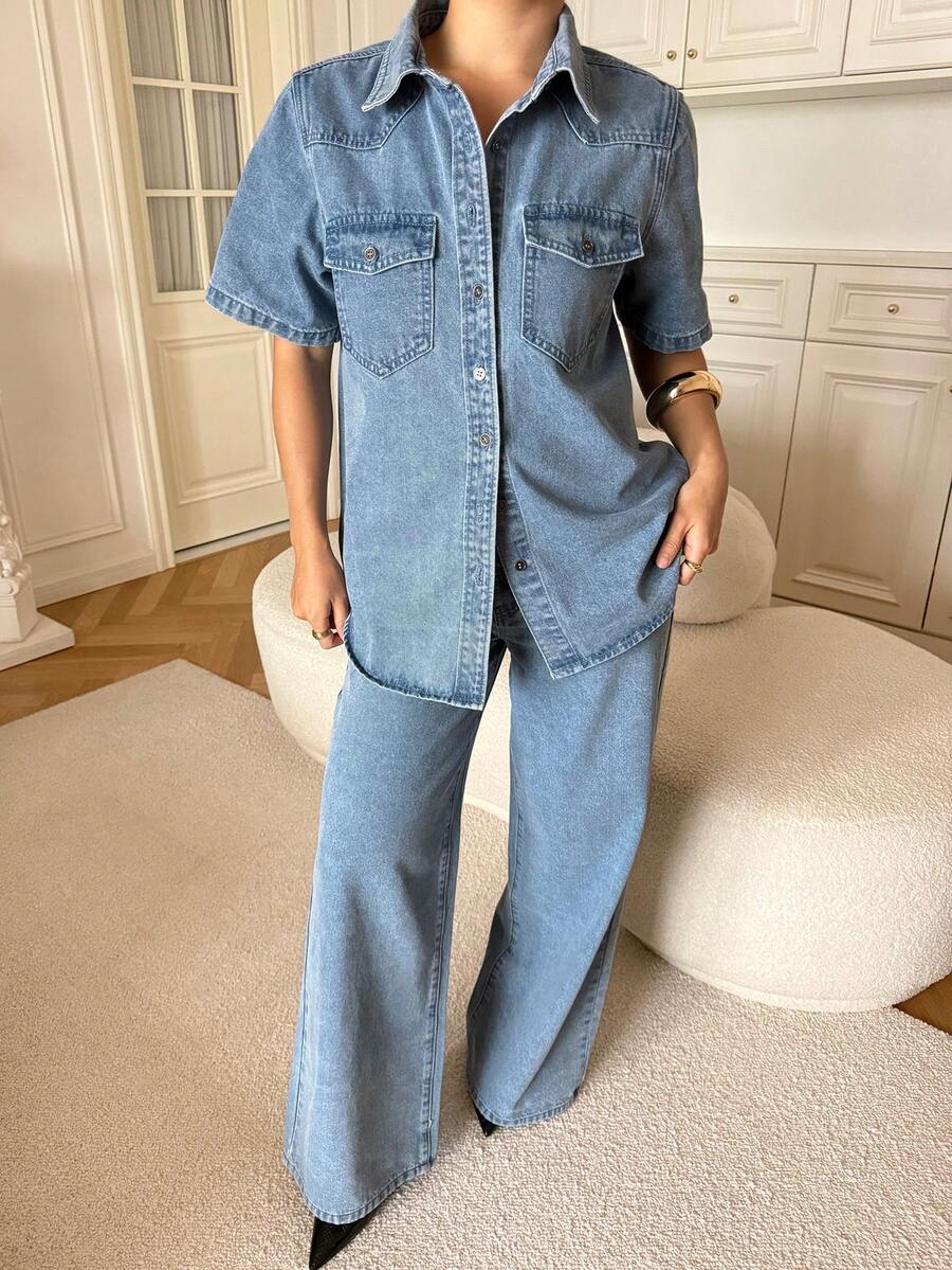 DAZY Women's Casual Washed Pocket Shirt And Wide Leg Jeans Suit, Spring/Summer - Medium Wash - View 1