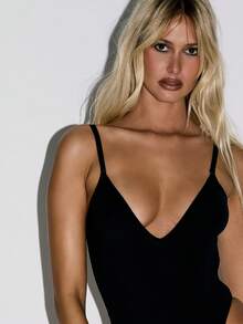 KIZN Deep V Neck Plunge Bodysuit With Open Back Slim Fit Design Adjustable Straps High Cut Thigh Summer Lounge Wear Sleeveless One Piece Base Layer - Black - View 3