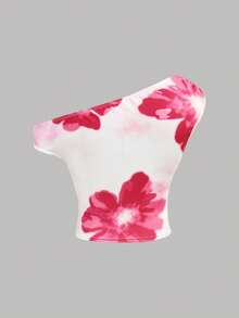 Girlism Bộ váy hai mảnh ôm sát, bất đối xứng, xếp ly, in hoa màu hồng cánh sen dành cho thiếu nữ, thích hợp cho mùa hè và kỳ nghỉ. - Màu Hồng Tươi - Xem 6