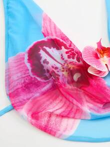 Swim Oasis Bộ đồ bơi 3 mảnh dành cho nữ: Áo bikini cổ yếm xẻ sâu in hoa và chân váy, thời trang, gợi cảm, ngọt ngào cho bãi biển/khu nghỉ dưỡng. - Màu xanh lam - Xem 6