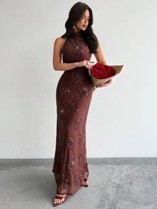 Firerie Women's Elegant Minimalist Exquisite Romantic Embellished Holiday Party Valentine's Day Date Wedding Guest Birthday Evening Dress, Bohemian Lace Sequin Backless Bodycon Brown Long Dress - Brown - View 7