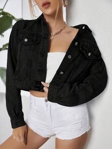 SHEIN Essnce Women's Solid Color Minimalist Everyday Long Sleeve Denim Jacket - Black - View 6
