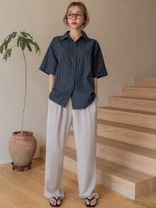 DAZY Striped Button Front Shirt Preppy Tops Fall - Grey - View 6