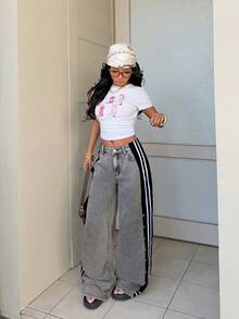 StreetHx Quần jeans ống rộng dáng suông kẻ sọc bên hông dành cho nữ - Xám - Xem 4