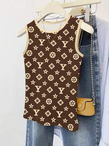 INAWLY Women's Letter Print Trim Round Neck Casual Loose Tank Top - Coffee Brown - View 3