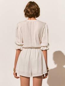 Poéselle 女士纯色蕾丝拼接前扣荷叶边下摆优雅连体裤 - 白色 - 查看 9