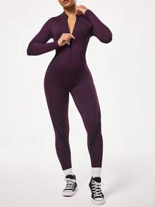 Seamluxe SHEIN Sport 女士拉链前开长袖连体裤，适合日常健身和锻炼 - 黑色 - 查看 4