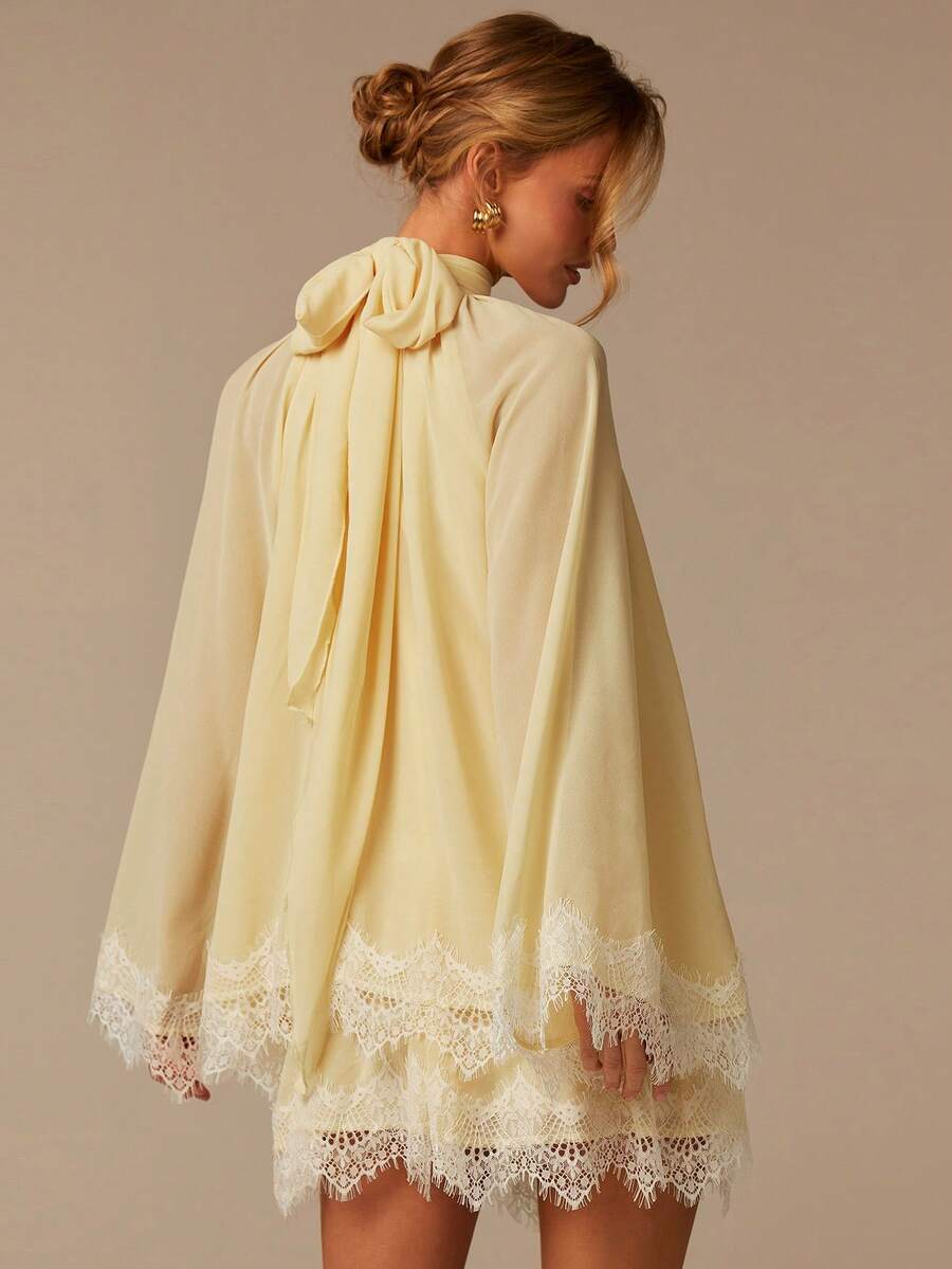 COSMINA Đầm ngắn tay dài cổ khăn choàng màu vàng nhạt thanh lịch bằng vải chiffon dành cho nữ, kiểu dáng suông tối giản, thích hợp cho kỳ nghỉ, tiệc tùng, đi nghỉ mát. - Vàng nhạt - Xem 1