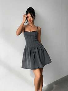 Aloruh Đầm denim ôm sát người dành cho nữ, dây mảnh, điểm nhấn là chi tiết xếp ly xương cá. - Màu xanh lam - Xem 4