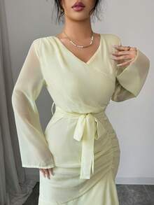 Modelyn Yellow Chiffon Mermaid Hem Dress - Light Yellow - View 7