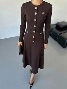 Lavishia Đầm dự tiệc thanh lịch dành cho nữ, cổ tròn, cài một hàng cúc, thắt eo. - Màu nâu  Mocha - Xem 6