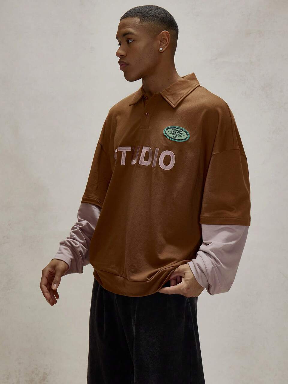 Oversized Extreme Dropped Shoulder Polo Shirt Double Layered Contrast Long Sleeve "STUDIO" Embroided Top,Brown And Pink,Autumn,Streetwear,City Break