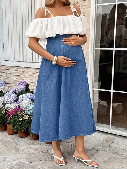 SHEIN Gravid sommar casual färgblocksklänning med bara axlar i denim