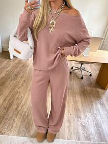 SHEIN EZwear 两件套咖啡棕色针织休闲女式上衣和裤子 - 咖啡棕 - 查看 9