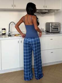 SHEIN 女士休闲格子印花V领吊带背心和裤子睡衣套装 - 藏蓝色 - 查看 2