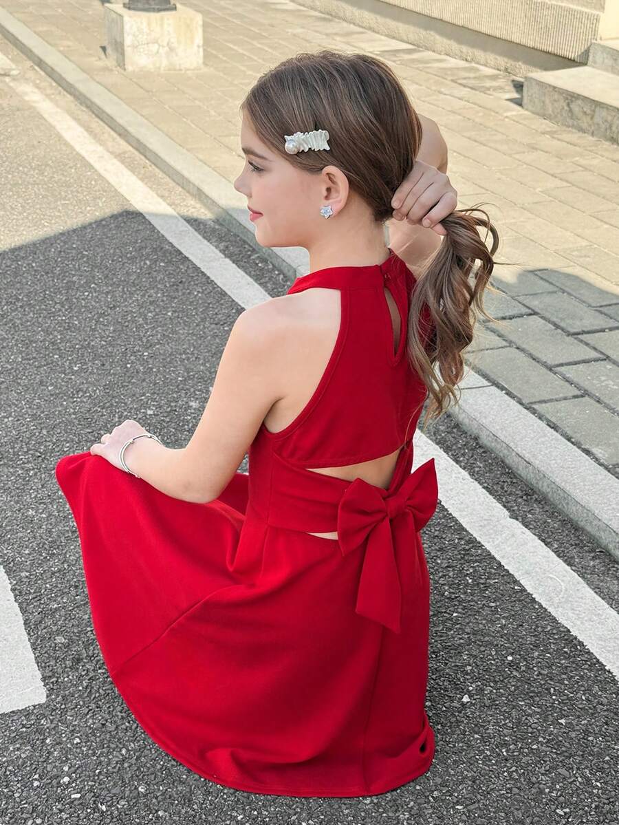 SHEIN Tween Girl Fashionable Elegant Solid Color Knit Sleeveless Red Summer Party Dress, Tween Girl Bow Back Detail Casual Dinner One Piece Dress - Red - View 1