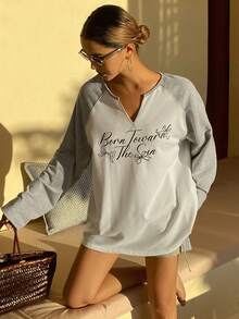 DAZY Women's Letter & Bow Print Contrast Color Raglan Long Sleeve Casual Loose T-Shirt - White - View 8