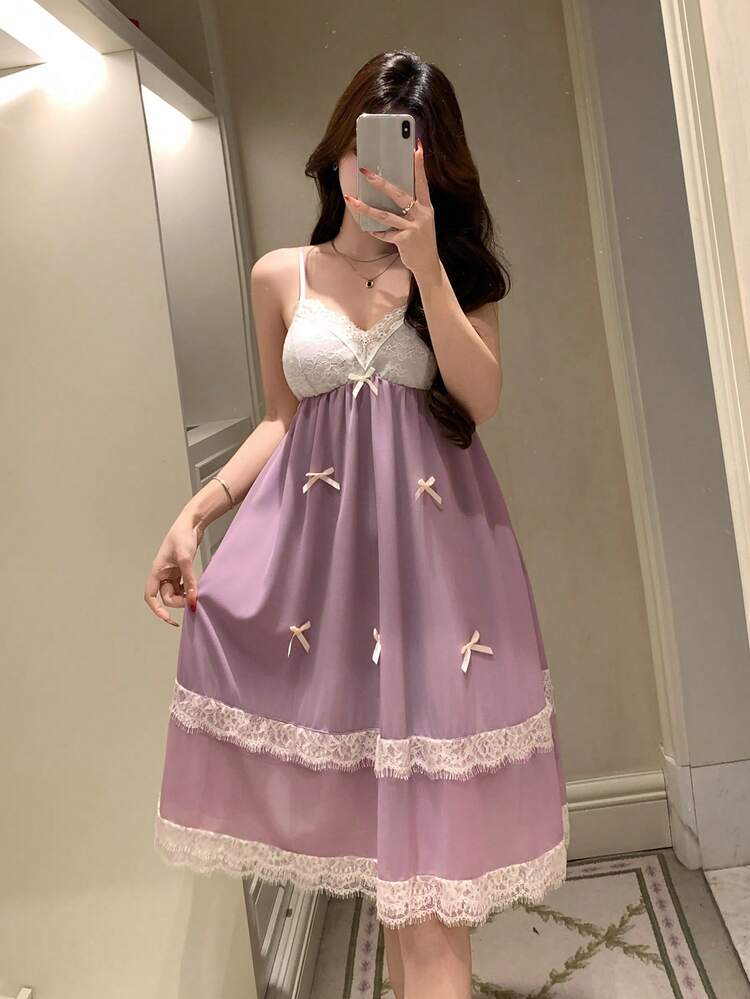 Lace Patchwork Sleeveless Camisole Nightgown For Women