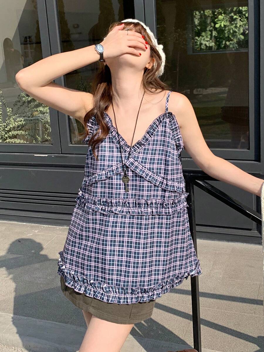 K-Vae Summer New Vintage Plaid Camisole Top For Women, V-Neck Frill Trim Loose Fit Sleeveless Top - Multicolor - View 1