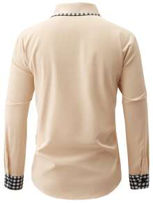 Calvornis Men's Business Casual Plaid Patchwork Long Sleeve Pocket Shirt,Black And White Checkered,Autumn,Smart Casual,Office,Daily Leisure,Weekend Trips,Gift - Pink - View 2