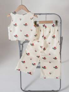 SHEIN 2pcs Young Girl Floral Print Sleeveless Top And Ankle Length Pants Set