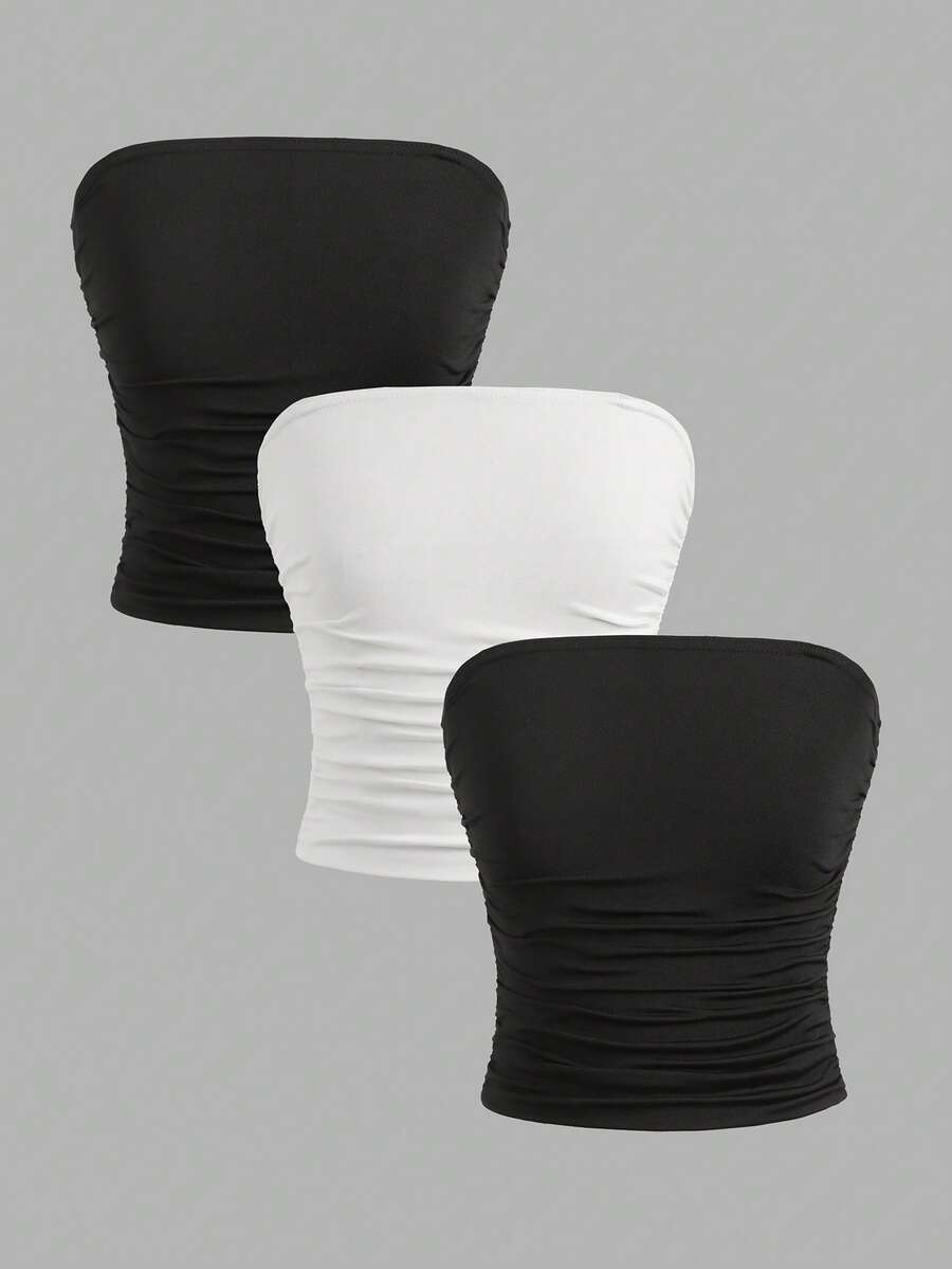 Girlism 3件套少女黑白针织高弹力束腰连体衣，多功能舒适褶皱弹力修身休闲吊带内衣 - 黑與白 - 查看 1