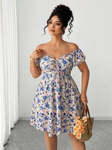 Elenzga Robe maxi grande taille pour femmes beige à imprimé floral discret, manches volantées, nouée devant, col en dentelle ajourée, style bohème, élégante pour vacances d'été, vacances et invitée de mariage - Bleu azur - Voir 2