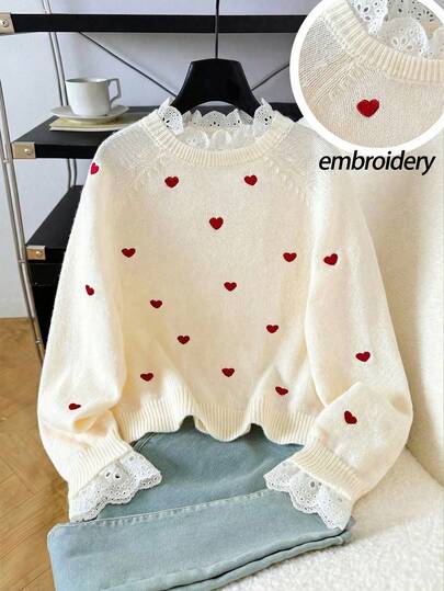 SHEIN Teen Girls' Casual Heart Embroidery Lace Trim Sweater, Autumn/Winter Cute Sweater Girls Heart Sweater Heart Embroidered Sweater Ruffle Sweater Christmas Cozy Fall & Winter Styles Suitable For Daily, Celebration, Autumn & Winter Outfits For Easy Comfort, Autumn & Winter Layers For Girls, Stylish Girls Suitable For Everyday, School, Vacation, Party Occasions