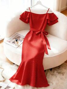 Franclia Women's Elegant Casual Daily Spaghetti Strap Off-Shoulder Ruffle Cap Sleeve Cinched Waist Fishtail Hem Dress, Red, Summer - Red - View 5