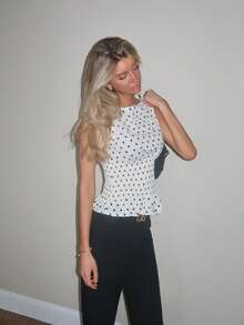 Sydney Algeri Blusa informal versátil de mujer con diseño de lunares, lazada en el hombro y cordón ajustable en la cintura, apropiada para uso diario y viajes, primavera/verano - Albaricoque - Ver 6