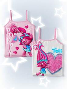 SHEIN Trolls 2pcs Young Girl Cute Cartoon Letter Print Undershirt Cami Top - Pink - View 1