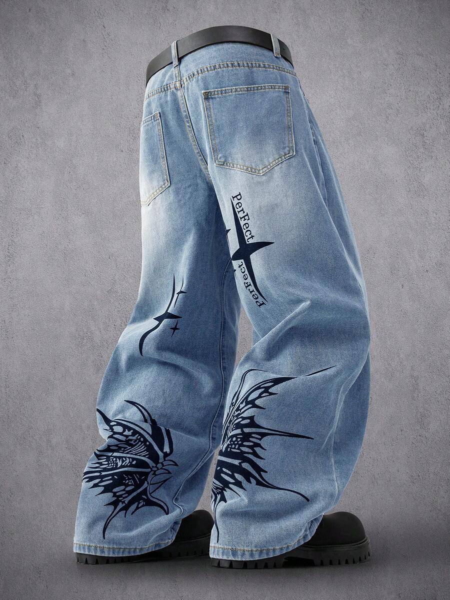 Manfinity Denimwave Quần jeans ống rộng phong cách đường phố dành cho nam, in hình cánh chim, rách rưới và bạc màu. - Rửa nhẹ - Xem 1