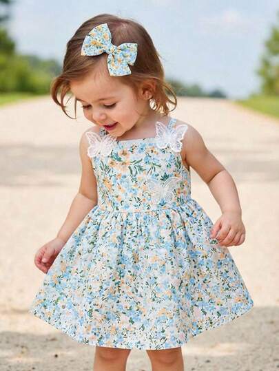 SHEIN Playful Pals 2024 Summer New Floral Strap Dress, Pastoral Style For Baby Girl