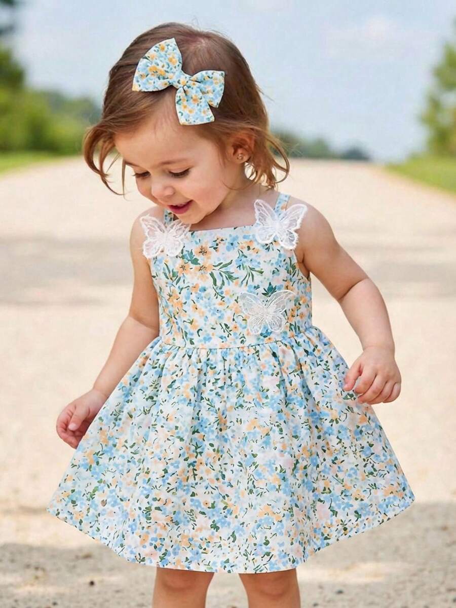 SHEIN Playful Pals 2024 Summer New Floral Strap Dress, Pastoral Style For Baby Girl - Multicolor - View 1