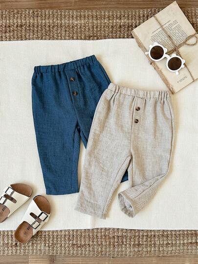 2-Piece Babyboy Summer/Spring Vacation Casual Cute Versatile Simple Elastic Waist Casual Long Trousers/Dress Pants Set. Suitable For Birthday Parties, Rave Parties, Evening Parties, Performances, Weddings, Full Moon Celebrations, Baptisms, And First Birthday Celebrations.