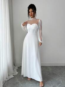 SHEIN Elenzya Đầm dài tay cổ cao dáng chữ A thanh lịch, lãng mạn, chất liệu lưới, thiết kế tối giản tinh tế, thích hợp cho các bữa tiệc và đám cưới. - trắng - Xem 3