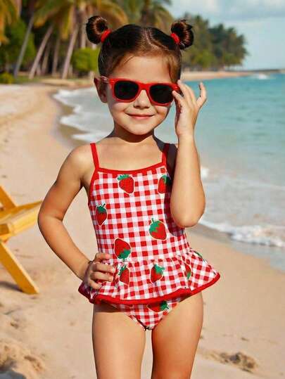 Emery Rose Kids Emery Rose Kids Young Girl Cute Strawberry Pattern Casual Knit Patchwork Camisole One-Piece Swimwear, Summer