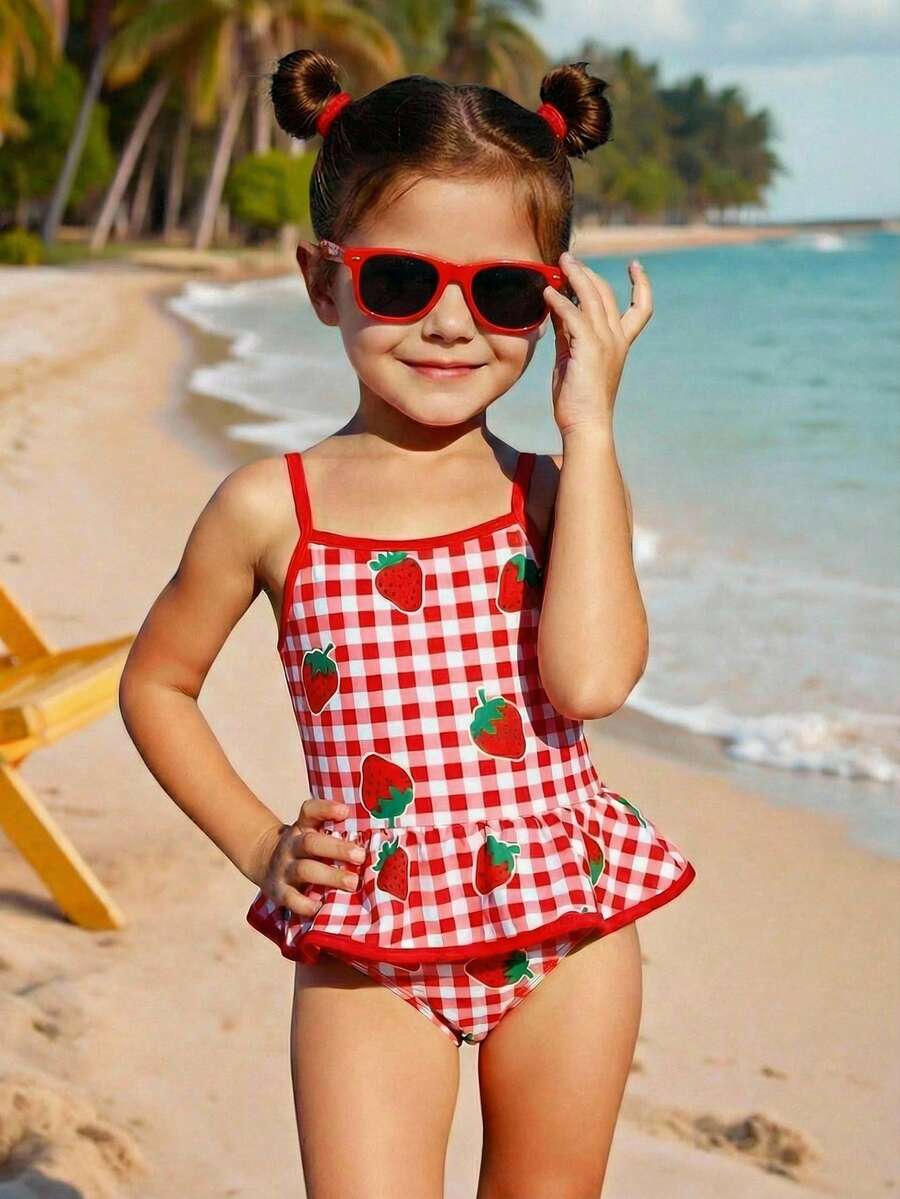Emery Rose Kids Emery Rose Kids Young Girl Cute Strawberry Pattern Casual Knit Patchwork Camisole One-Piece Swimsuit, Summer - Red - View 1