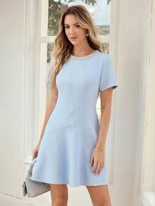 MOTF PREMIUM WOMEN'S SHORT SLEEVE FAUX PEARLS AND BEADED DETAIL DRESS, SUITABLE FOR DATES, SPRING/SUMMER - Blue - View 5