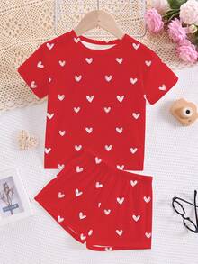 情人节，可爱手绘彩色爱心印花，少女休闲简约红色圆领短袖短裤睡衣套装，适合夏季，Y2K风格，可爱，儿童舒适日常时尚，儿童秋季时尚，秋季新款，Blossom Vogue，K-Pop，K-Pop，女孩套装，两件套，#平价时尚，周末穿搭，儿童套装，情人节，舒适的春夏风格 - 彩色 - 查看 2