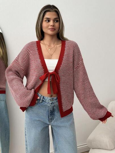 SHEIN Romantic Valentine's Day Bow Tie Front Heart-Inspired Knit Cardigan Sweater For Cute Sweet Date Night Outfits