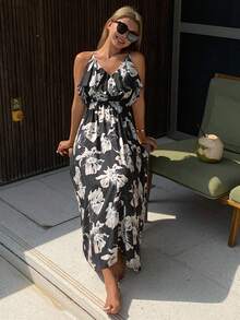 DAZY 迷人花卉印花吊带露背荷叶边下摆收腰长款女士睡裙 - 黑色 - 查看 6