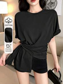 DAZY Women's Round Neck Twist Detail Short Sleeve T-Shirt, Minimalist & Fashionable For Summer - Black - View 1