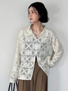 FRIFUL Solid Color Lapel Sheer Lace Fabric Layered Loose Casual Versatile Blouse - White - View 8