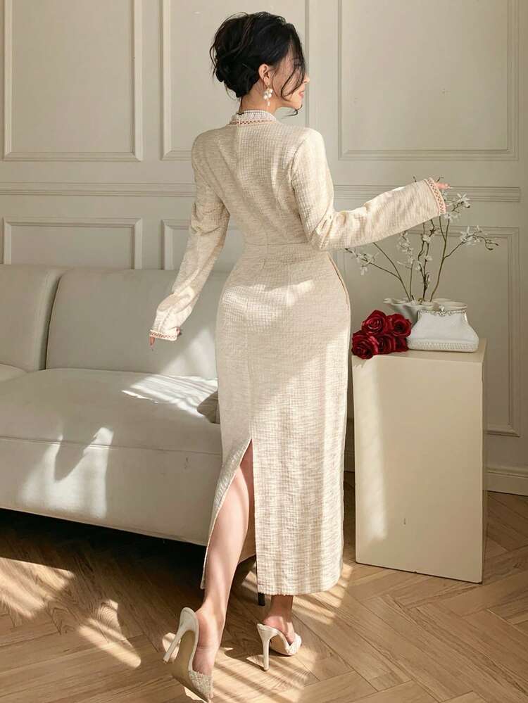 Women's Elegant Colorblock Frill Trim Long Dress, Spring/Summer Wedding Guest Dress Sundress