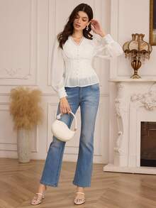 Modelyn Women's French Elegant Contrast Lace V-Neck Button Down Pleated Waist Puff Sleeve Blouse - White - View 4