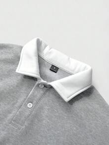 Manfinity Hypemode Men's Loose Fit Contrast Polo Collar Thermal Lined Long Sleeve Sweatshirt, Fall/Winter - Light Grey - View 8