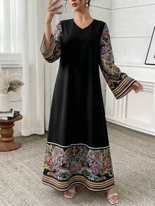 Al Najma Casual Modest V-Neck Floral Print Long Sleeve Arabic Dress Modest Dress Turkish Dress