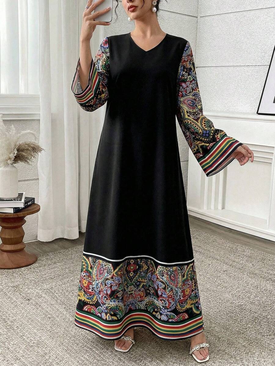 Al Najma Casual Modest V-Neck Floral Print Long Sleeve Arabic Dress Modest Dress Turkish Dress