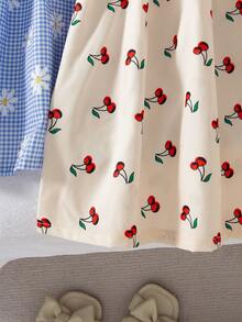 SHEIN Elladie kids 2pcs/Set Tween Girls Summer New Off Shoulder Adjustable Strap Patchwork Cake Hem Cherry Print/Blue Plaid Daisy Print Cute Simple Elegant Casual Vacation Dress Set - Multicolor - View 3